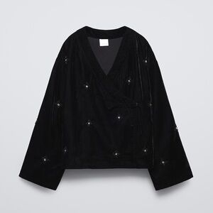 ZARA Girls Black Velvet Wrap Top Blouse Beaded Stars Size 11-12 152 NWT